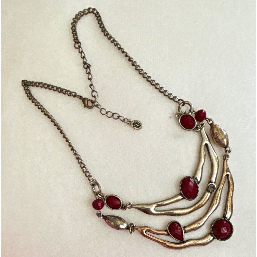 Lucky Brand Red Cabochon Bib Statement Necklace Antiqued Silver Tone Layered